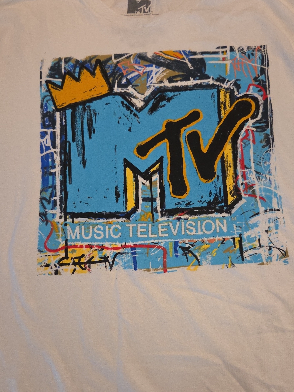 MTV White Tee with Blue Logo and Yellow Crown